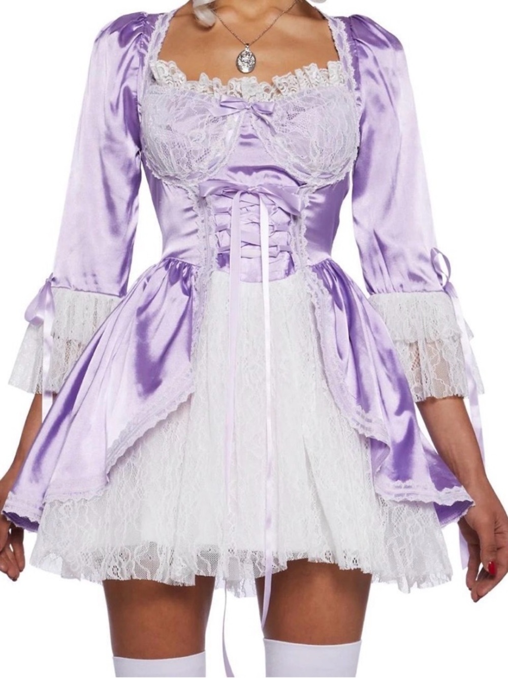 Dolls Kill Lavender Satin Corset Lace-Up Mini Dress with White Lace Skirt